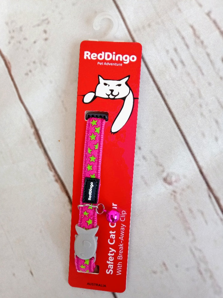 Red Dingo Safety Cat Collar Stars Lime on Hot Pink